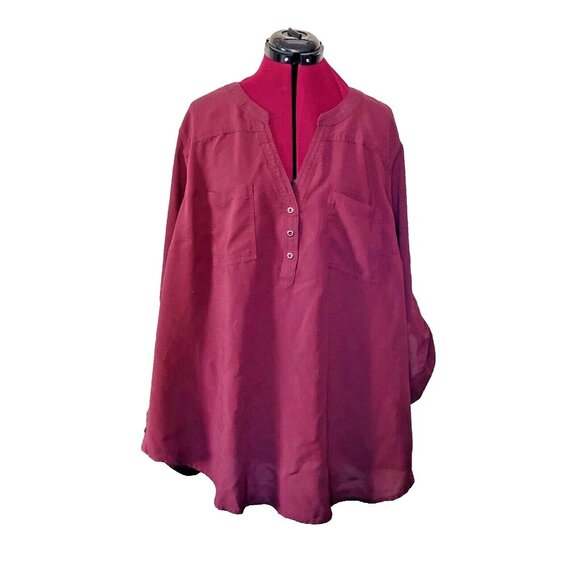 Torrid Harper Blouse Burgundy Womens Size 3 22/24 3X Pockets Tab Sleeves - Picture 1 of 7